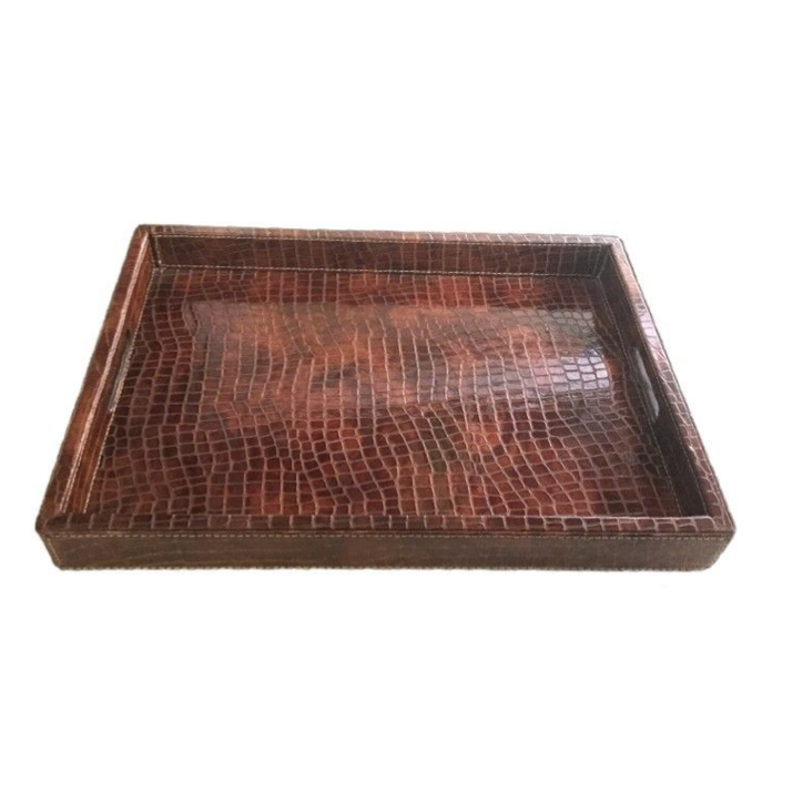 BANDEJA RECTANGULAR MADERA Y PIEL GRABADA